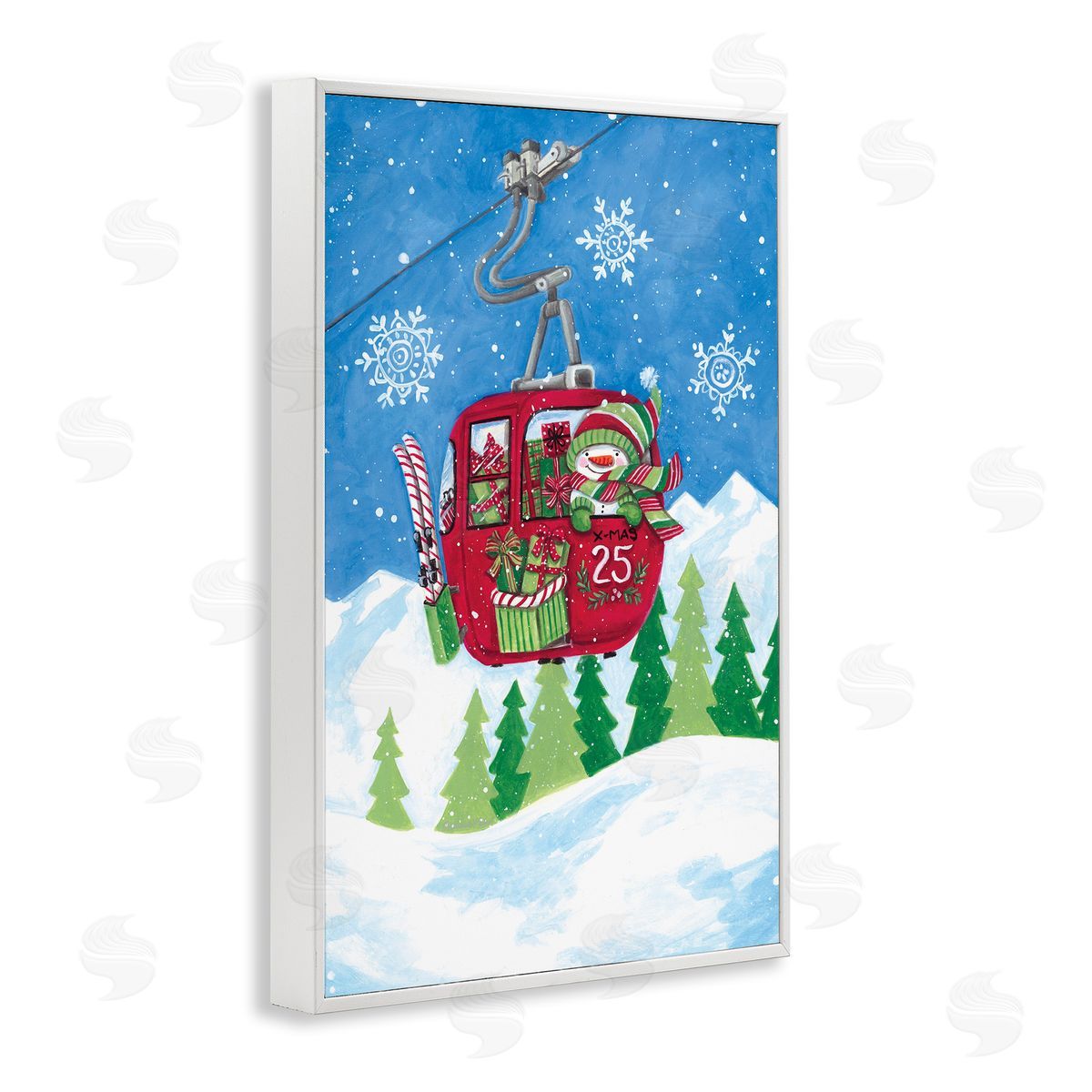 Snowman on Ski Lift White Frame Print Wall Art, Home Decor by Diane Kater