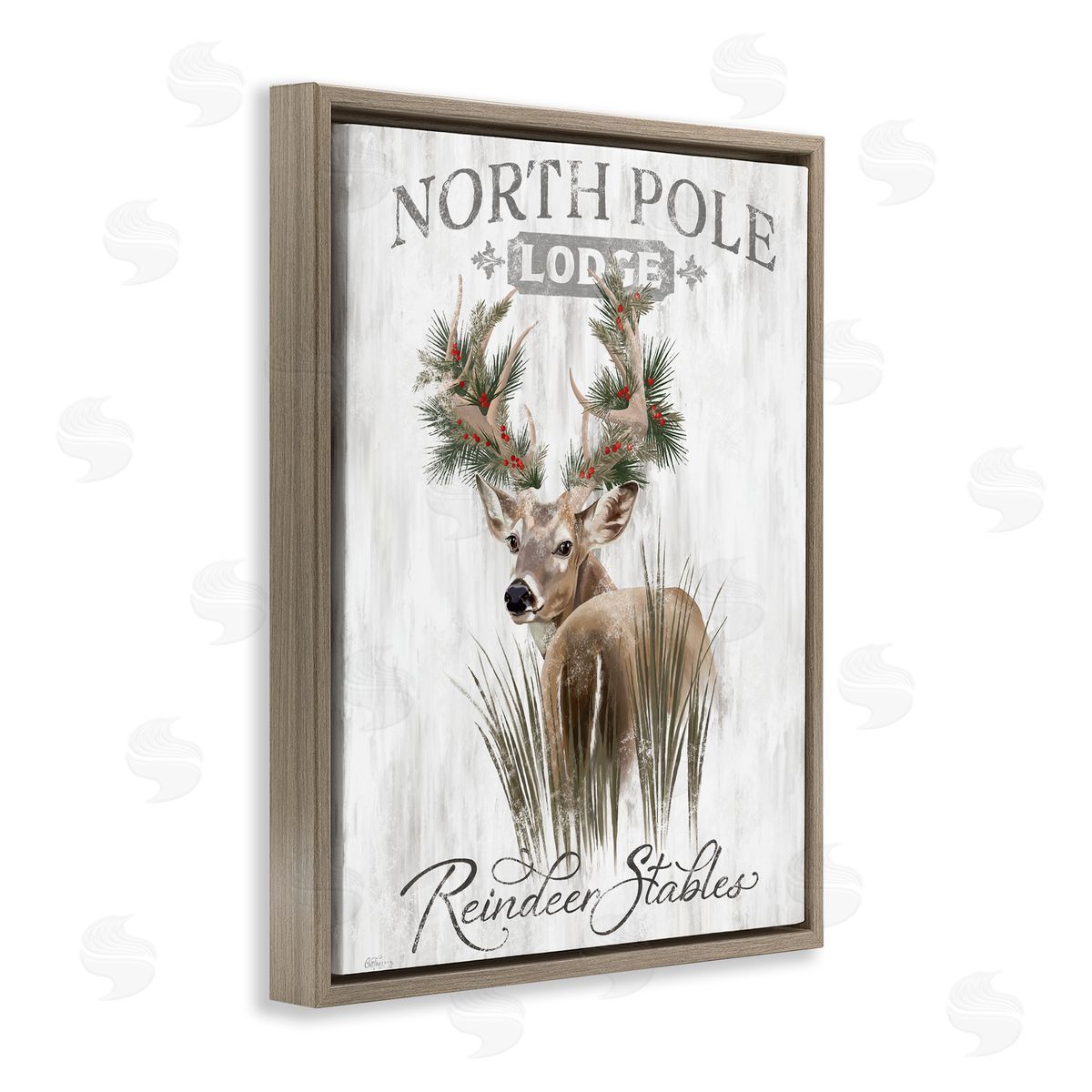 Festive Winter Reindeer Lodge Brown Floating Frame Canvas Wall Art, Home Decor by Cat Thurman Designs