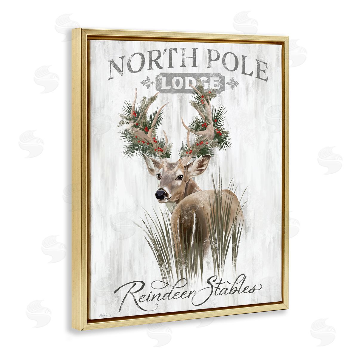Festive Winter Reindeer Lodge Gold Floating Frame Canvas Wall Art, Home Decor by Cat Thurman Designs