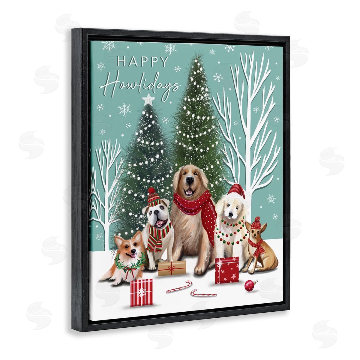 Festive Winter Dogs Scene Black Floating Frame Canvas Wall Art, Home Decor by Elizabeth Tyndall