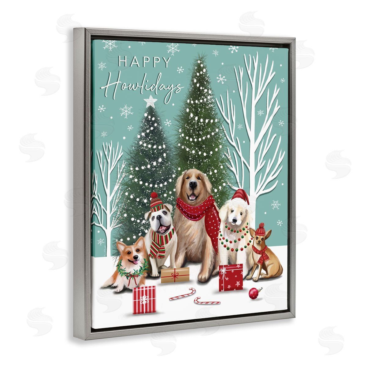 Festive Winter Dogs Scene Grey Floating Frame Canvas Wall Art, Home Decor by Elizabeth Tyndall