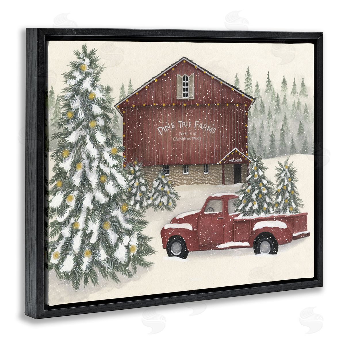 Winter Pine Tree Farm Black Floating Frame Canvas Wall Art, Home Decor by Linda Spivey