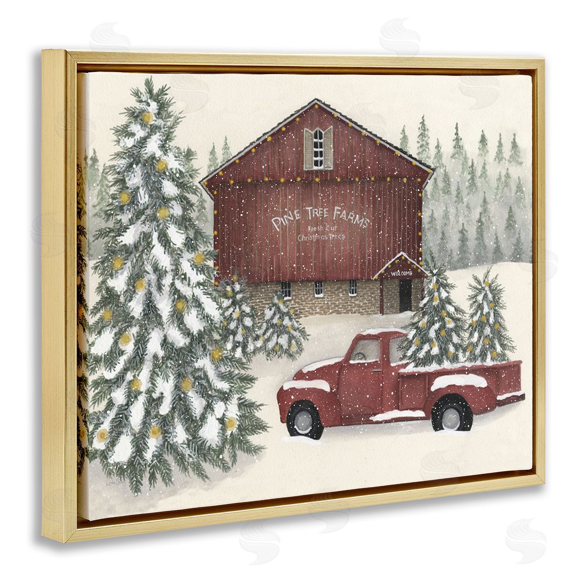 Winter Pine Tree Farm Gold Floating Frame Canvas Wall Art, Home Decor by Linda Spivey