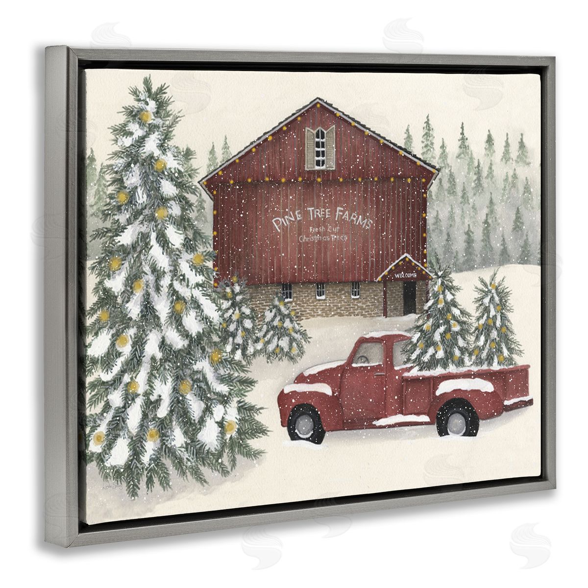 Winter Pine Tree Farm Grey Floating Frame Canvas Wall Art, Home Decor by Linda Spivey