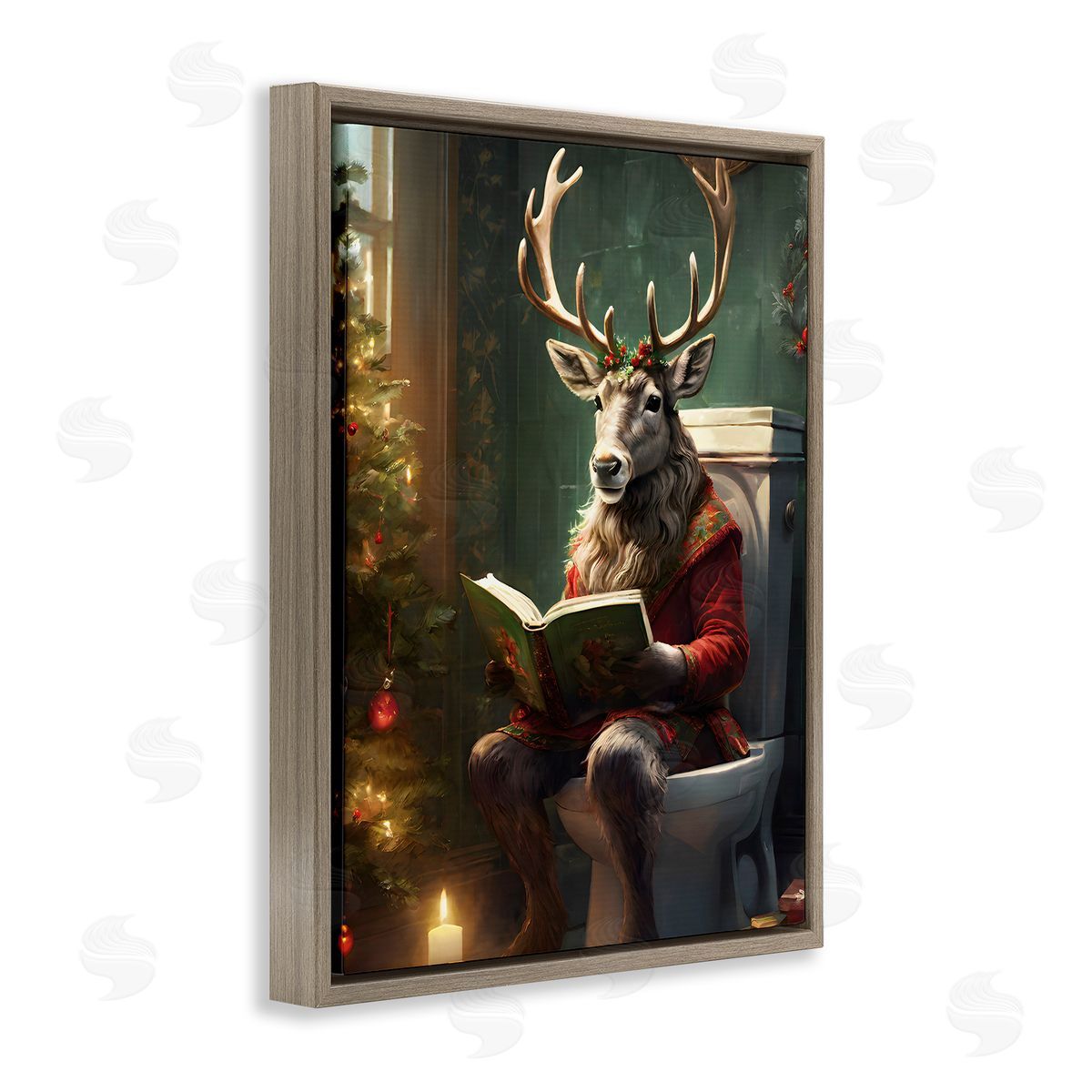 Reindeer in Festive Bathroom Brown Floating Frame Canvas Wall Art, Home Decor by Jo Moulton