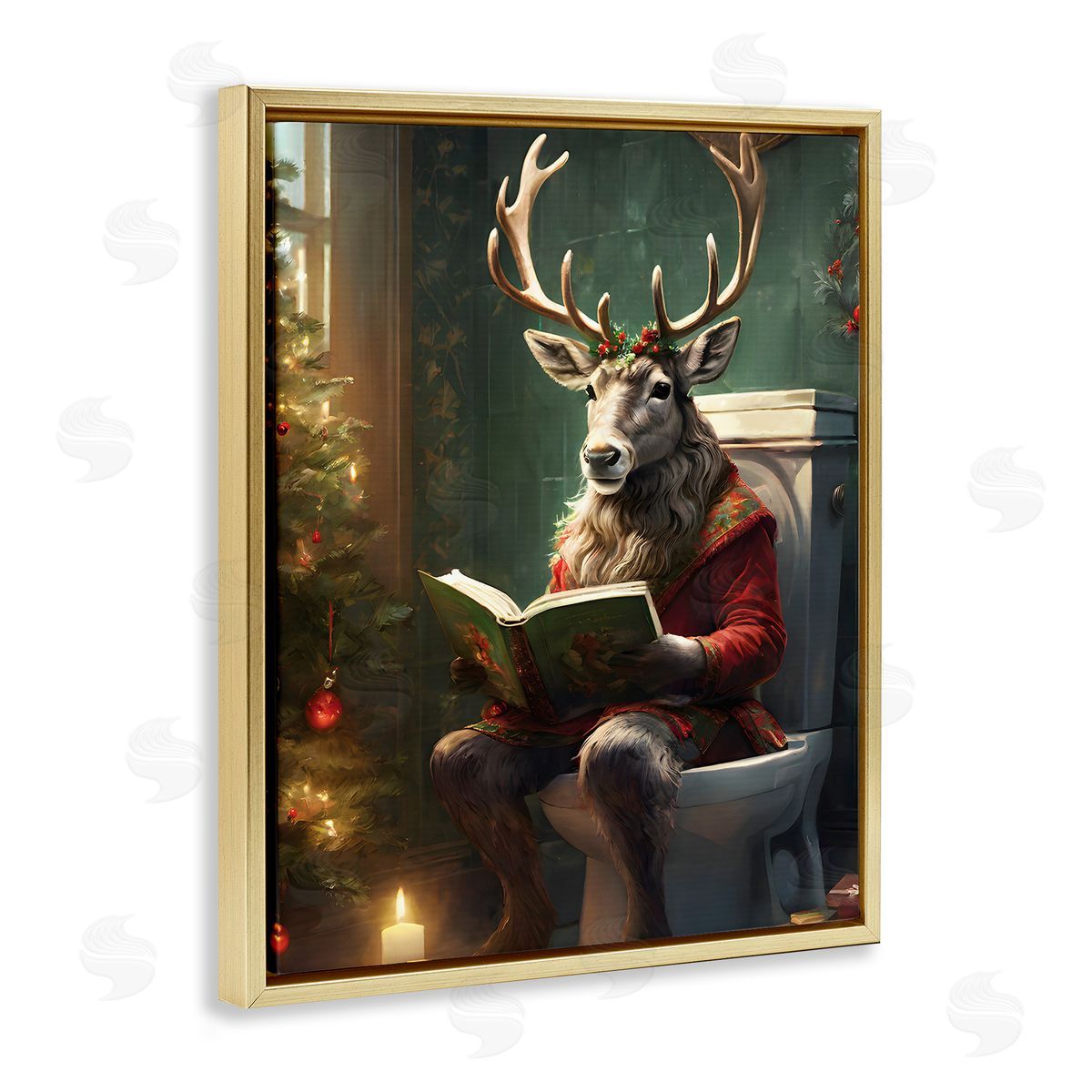 Reindeer in Festive Bathroom Gold Floating Frame Canvas Wall Art, Home Decor by Jo Moulton