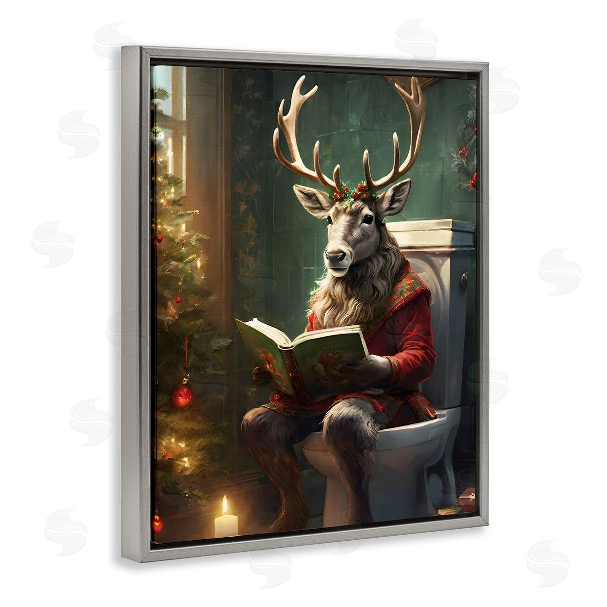 Reindeer in Festive Bathroom Grey Floating Frame Canvas Wall Art, Home Decor by Jo Moulton