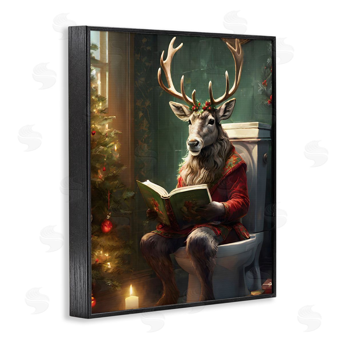 Reindeer in Festive Bathroom Black Frame Print Wall Art, Home Decor by Jo Moulton