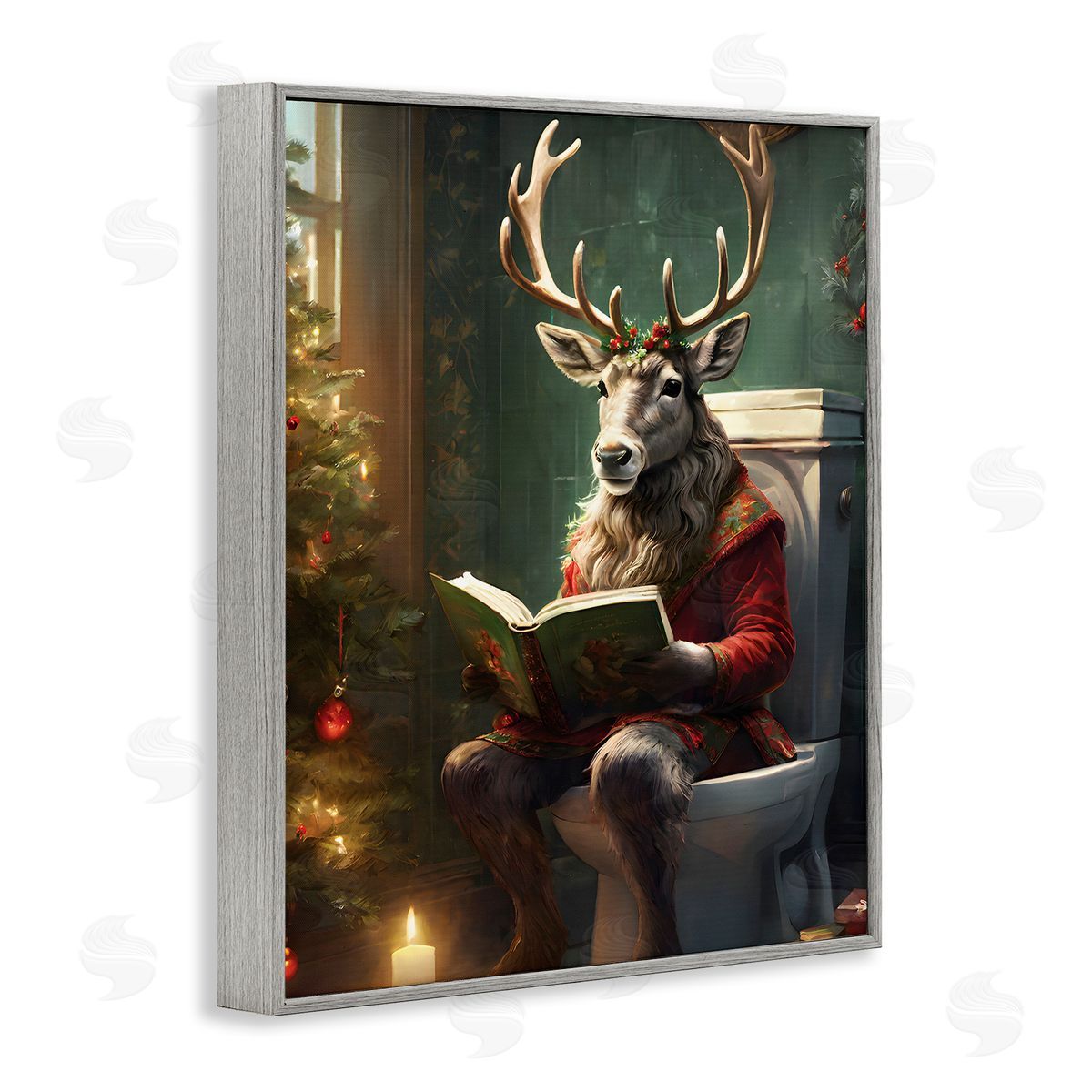 Reindeer in Festive Bathroom Grey Frame Print Wall Art, Home Decor by Jo Moulton