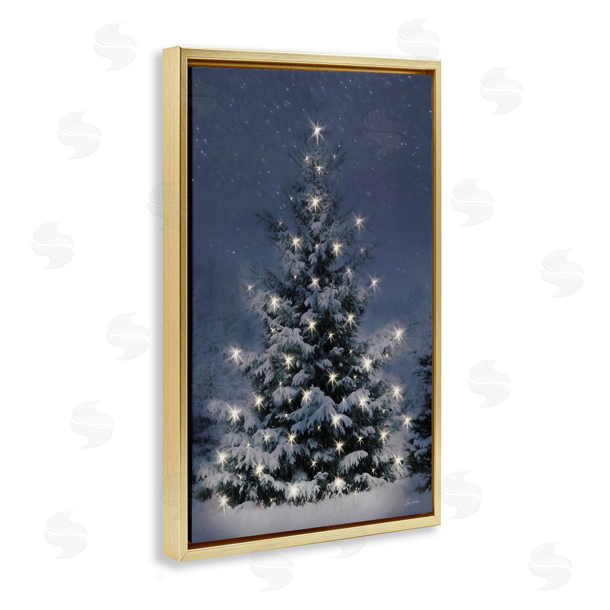 Snowy Nighttime Christmas Tree Gold Floating Frame Canvas Wall Art, Home Decor by Lori Deiter