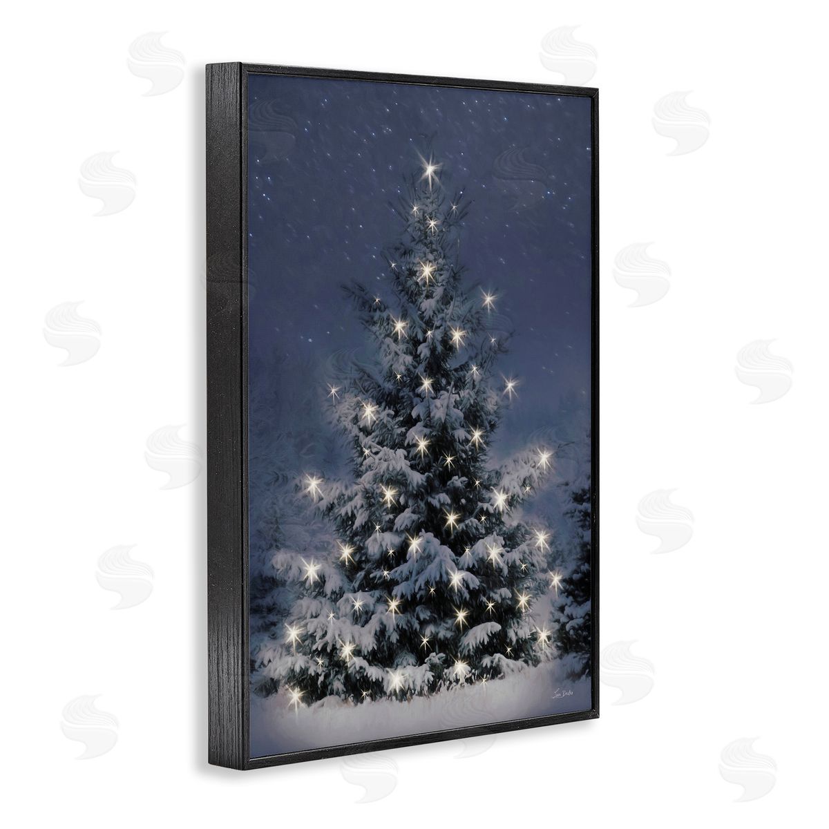 Snowy Nighttime Christmas Tree Black Frame Print Wall Art, Home Decor by Lori Deiter