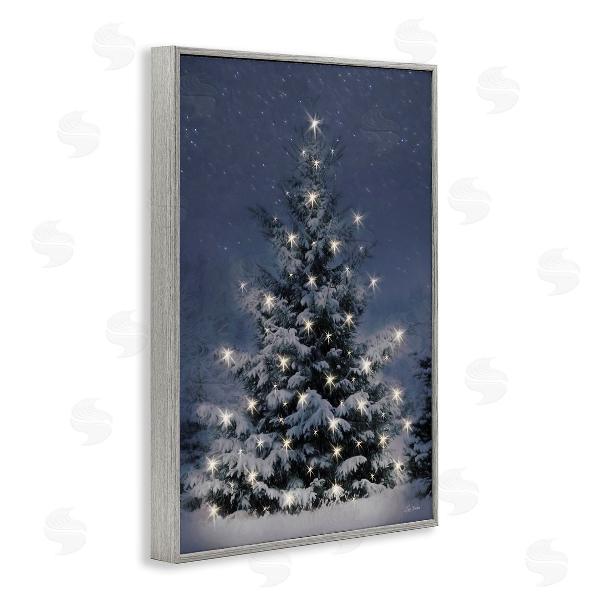 Snowy Nighttime Christmas Tree Grey Frame Print Wall Art, Home Decor by Lori Deiter