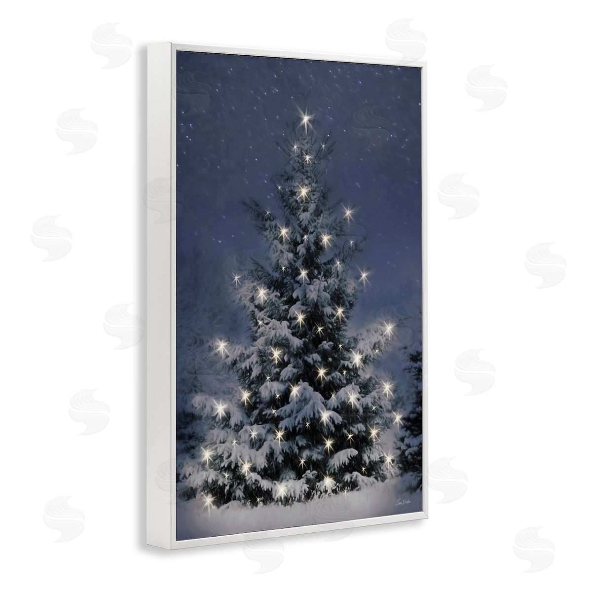 Snowy Nighttime Christmas Tree White Frame Print Wall Art, Home Decor by Lori Deiter