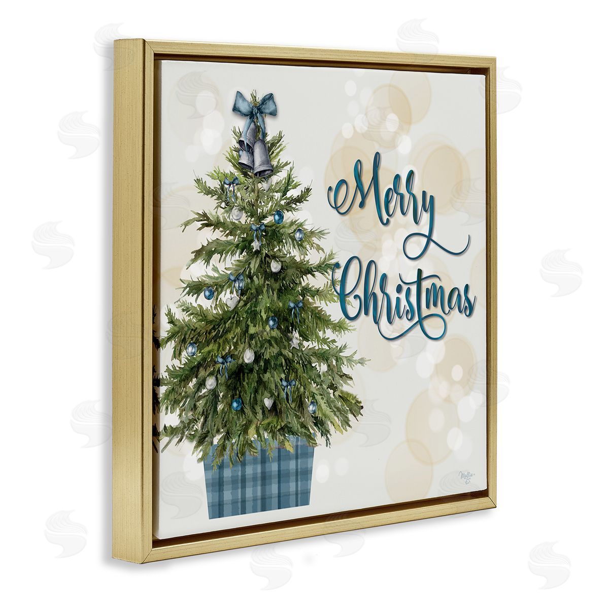 Christmas Tree in Plaid Stand Gold Floating Frame Canvas Wall Art, Home Decor by Mollie B.