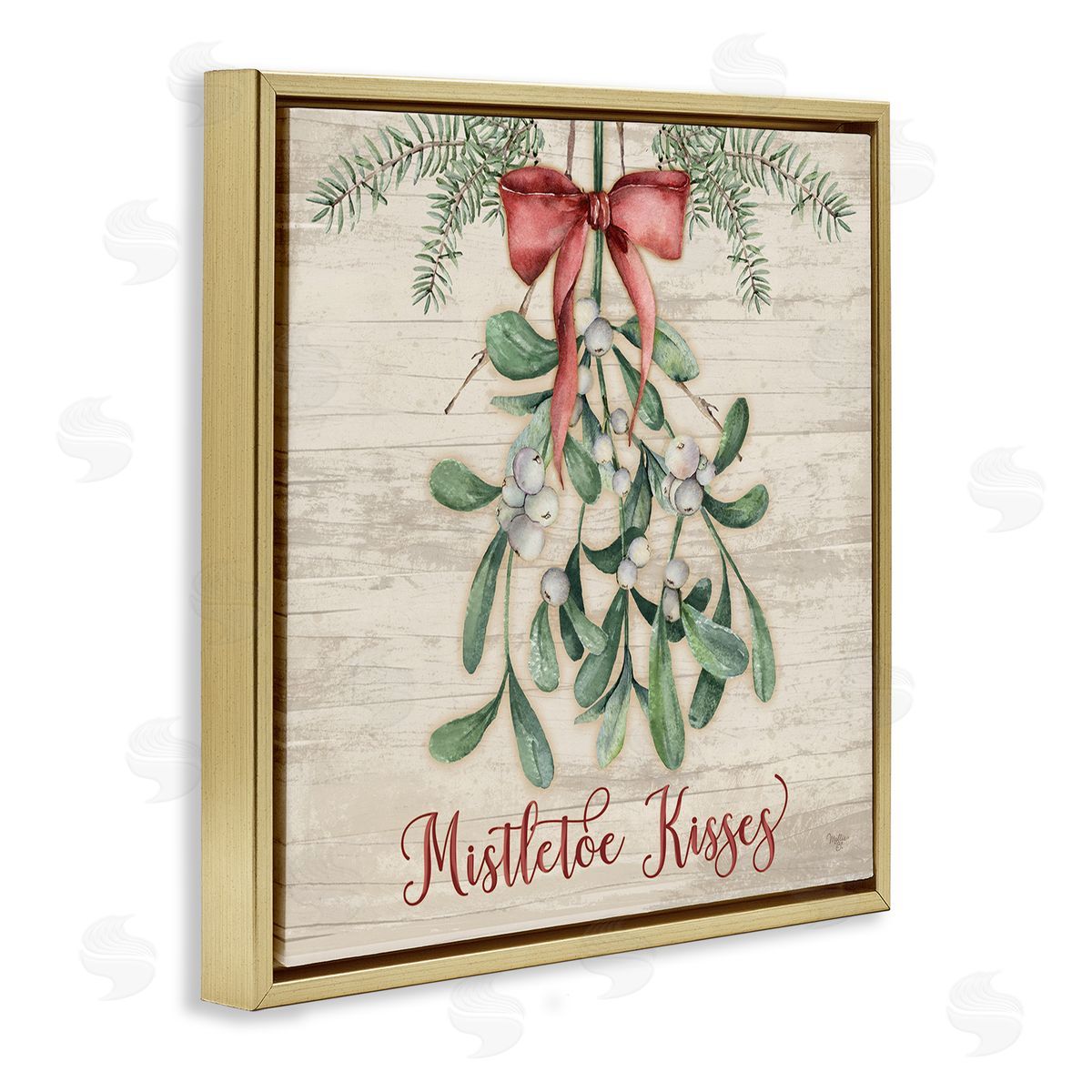 Rustic Mistletoe Kisses Gold Floating Frame Canvas Wall Art, Home Decor by Mollie B.