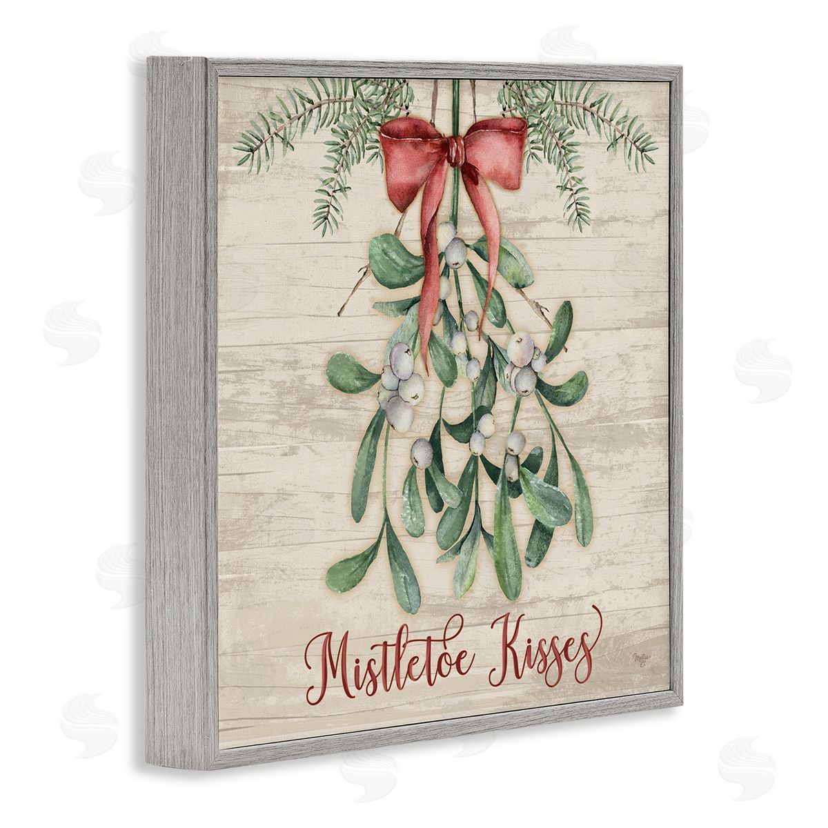 Rustic Mistletoe Kisses Grey Frame Print Wall Art, Home Decor by Mollie B.