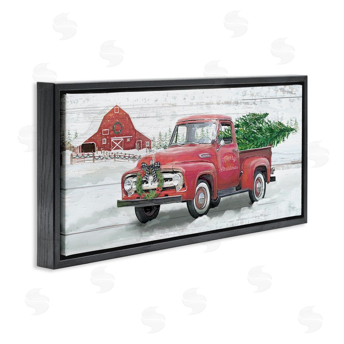 Christmas Truck on Snowy Farm Black Floating Frame Canvas Wall Art, Home Decor by Mollie B.