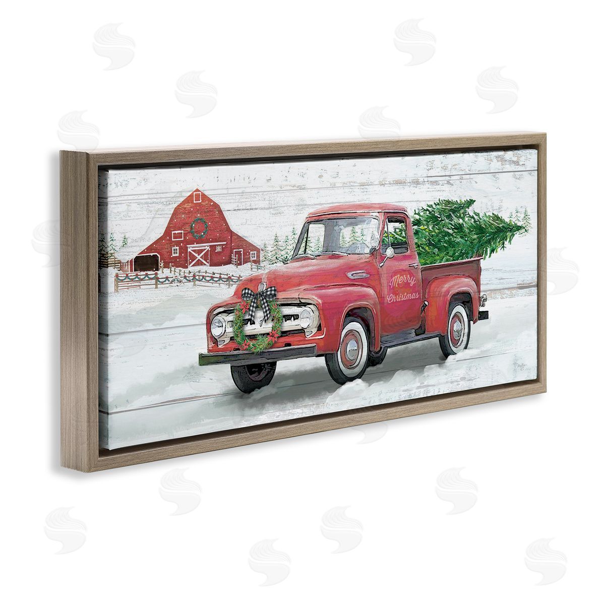 Christmas Truck on Snowy Farm Brown Floating Frame Canvas Wall Art, Home Decor by Mollie B.