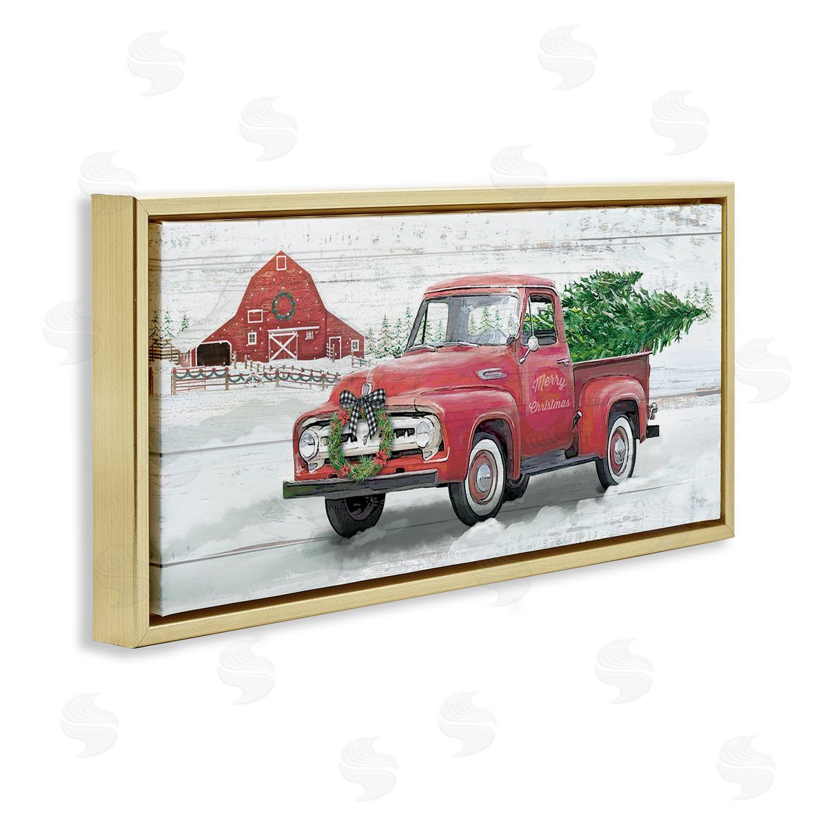 Christmas Truck on Snowy Farm Gold Floating Frame Canvas Wall Art, Home Decor by Mollie B.