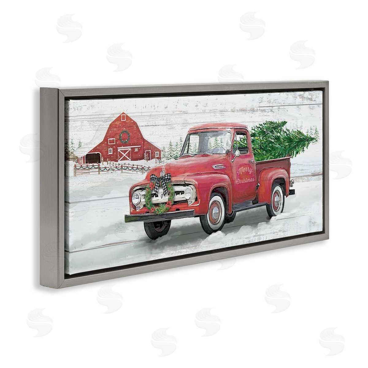 Christmas Truck on Snowy Farm Grey Floating Frame Canvas Wall Art, Home Decor by Mollie B.