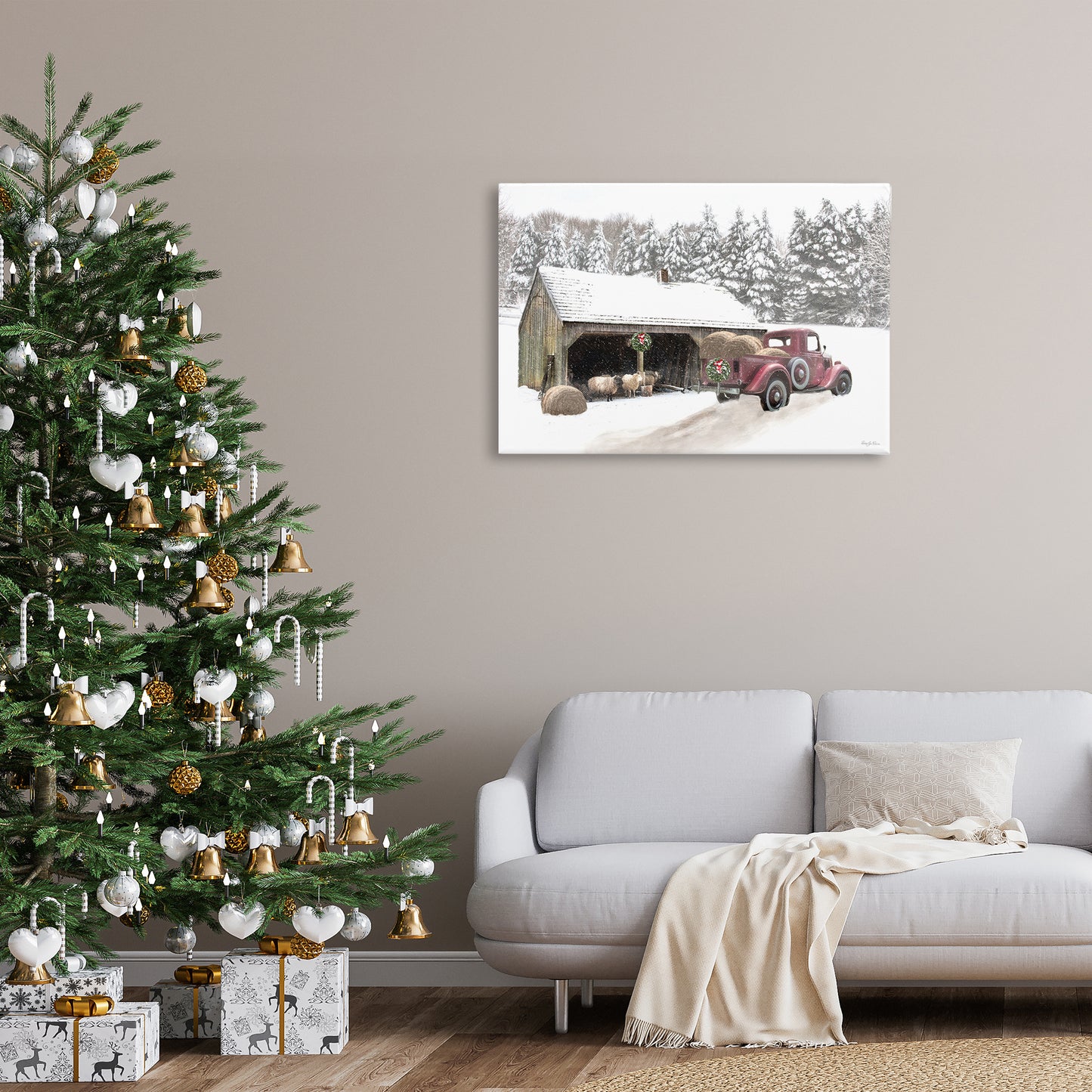 Snowy Winter Farm Sheep Canvas Wall Art in Room, Home Decor by Robin-Lee Viera