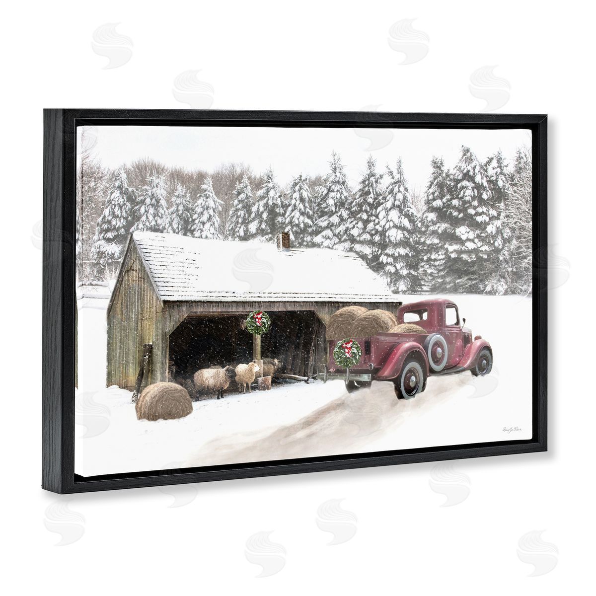 Snowy Winter Farm Sheep Black Floating Frame Canvas Wall Art, Home Decor by Robin-Lee Viera