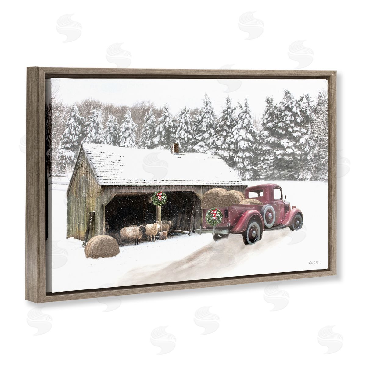 Snowy Winter Farm Sheep Brown Floating Frame Canvas Wall Art, Home Decor by Robin-Lee Viera
