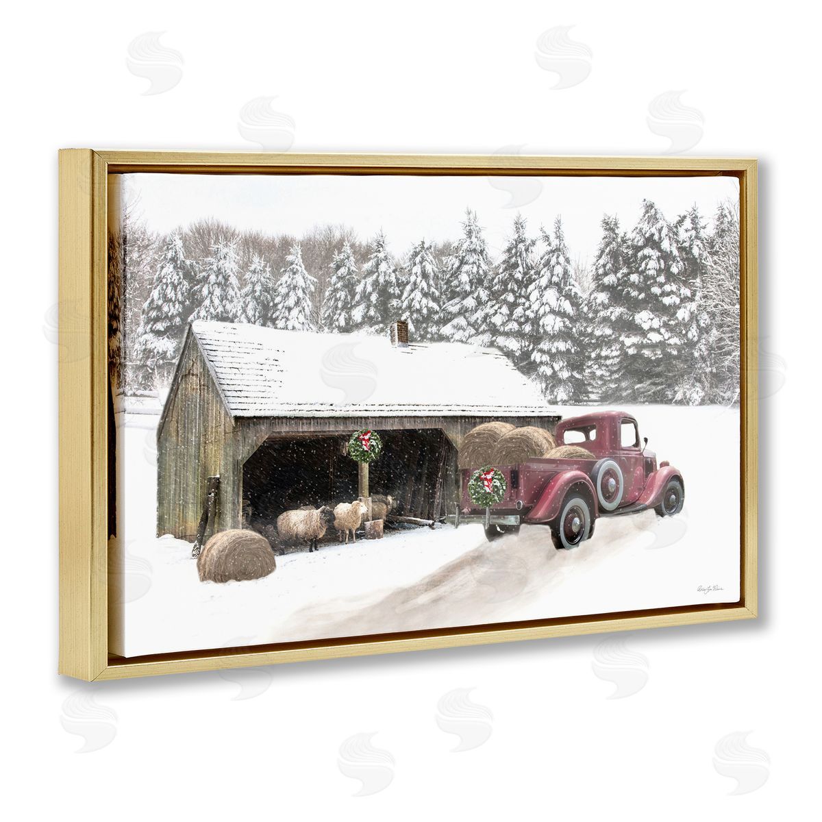 Snowy Winter Farm Sheep Gold Floating Frame Canvas Wall Art, Home Decor by Robin-Lee Viera