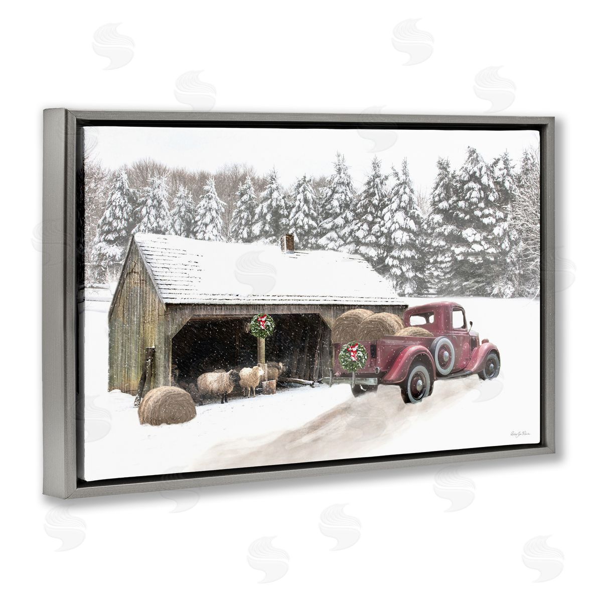 Snowy Winter Farm Sheep Grey Floating Frame Canvas Wall Art, Home Decor by Robin-Lee Viera