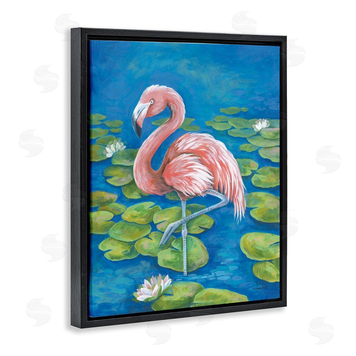 Balancing Flamingo & Lily Pads Black Floating Frame Canvas Wall Art, Home Decor by Diane Kater