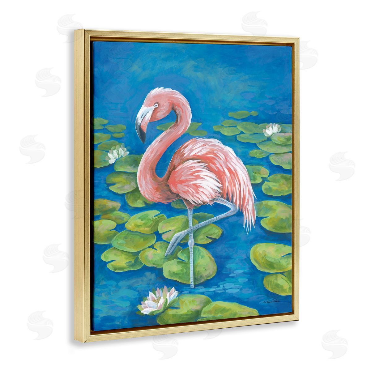Balancing Flamingo & Lily Pads Gold Floating Frame Canvas Wall Art, Home Decor by Diane Kater