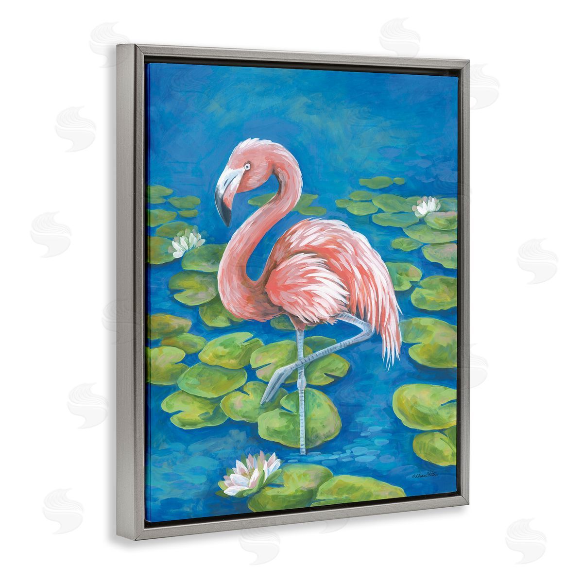 Balancing Flamingo & Lily Pads Grey Floating Frame Canvas Wall Art, Home Decor by Diane Kater