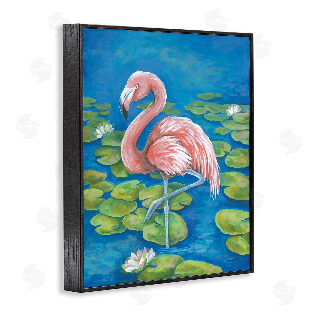 Balancing Flamingo & Lily Pads Black Frame Print Wall Art, Home Decor by Diane Kater