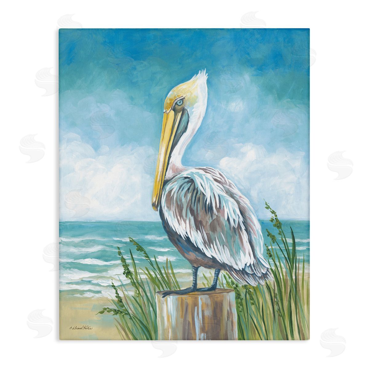Pelican Perched near Shore Canvas Wall Art, Home Decor by Diane Kater