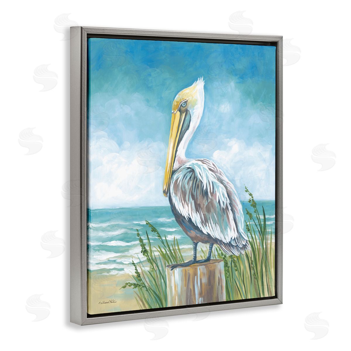 Pelican Perched near Shore Grey Floating Frame Canvas Wall Art, Home Decor by Diane Kater