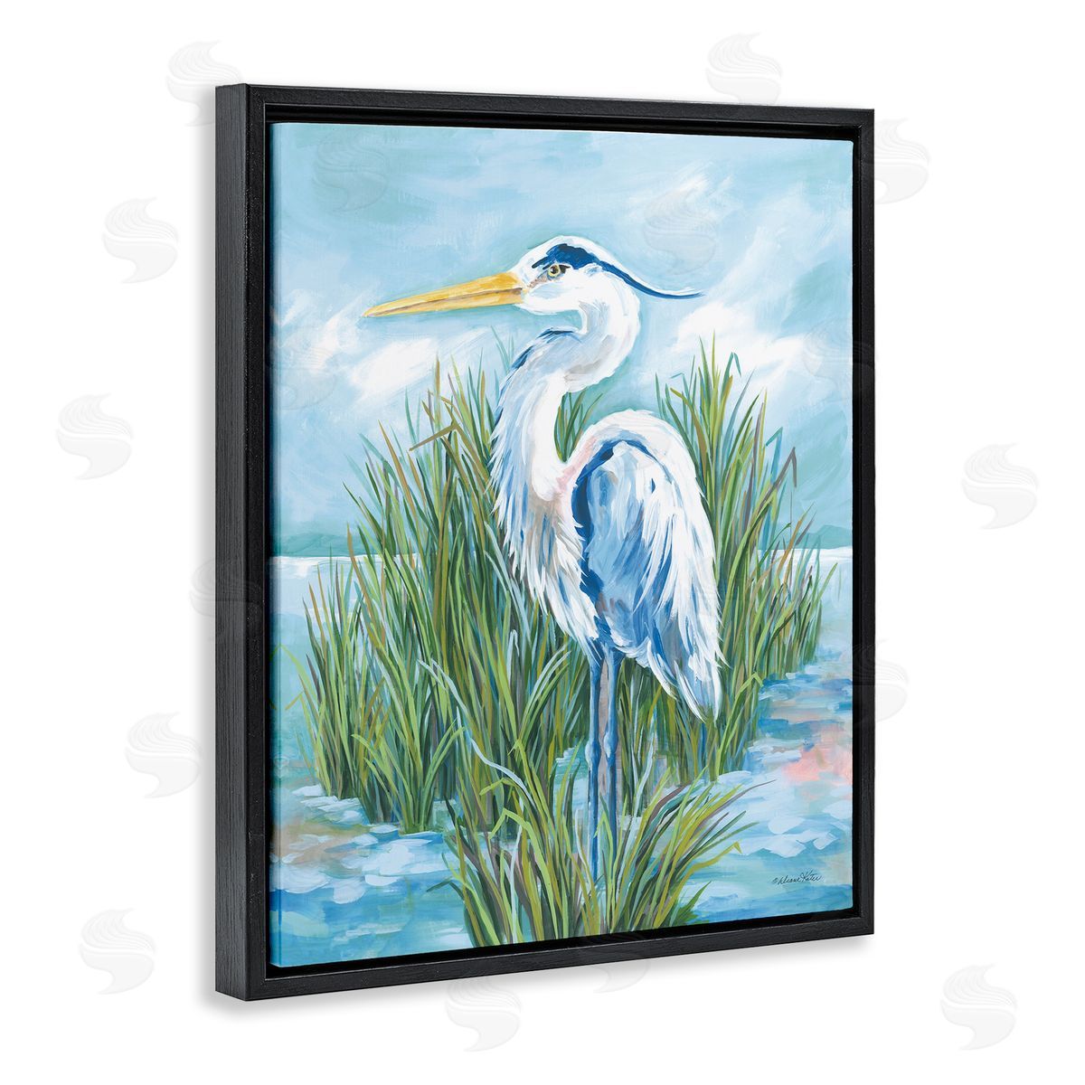 Coastal Heron Bird Black Floating Frame Canvas Wall Art, Home Decor by Diane Kater