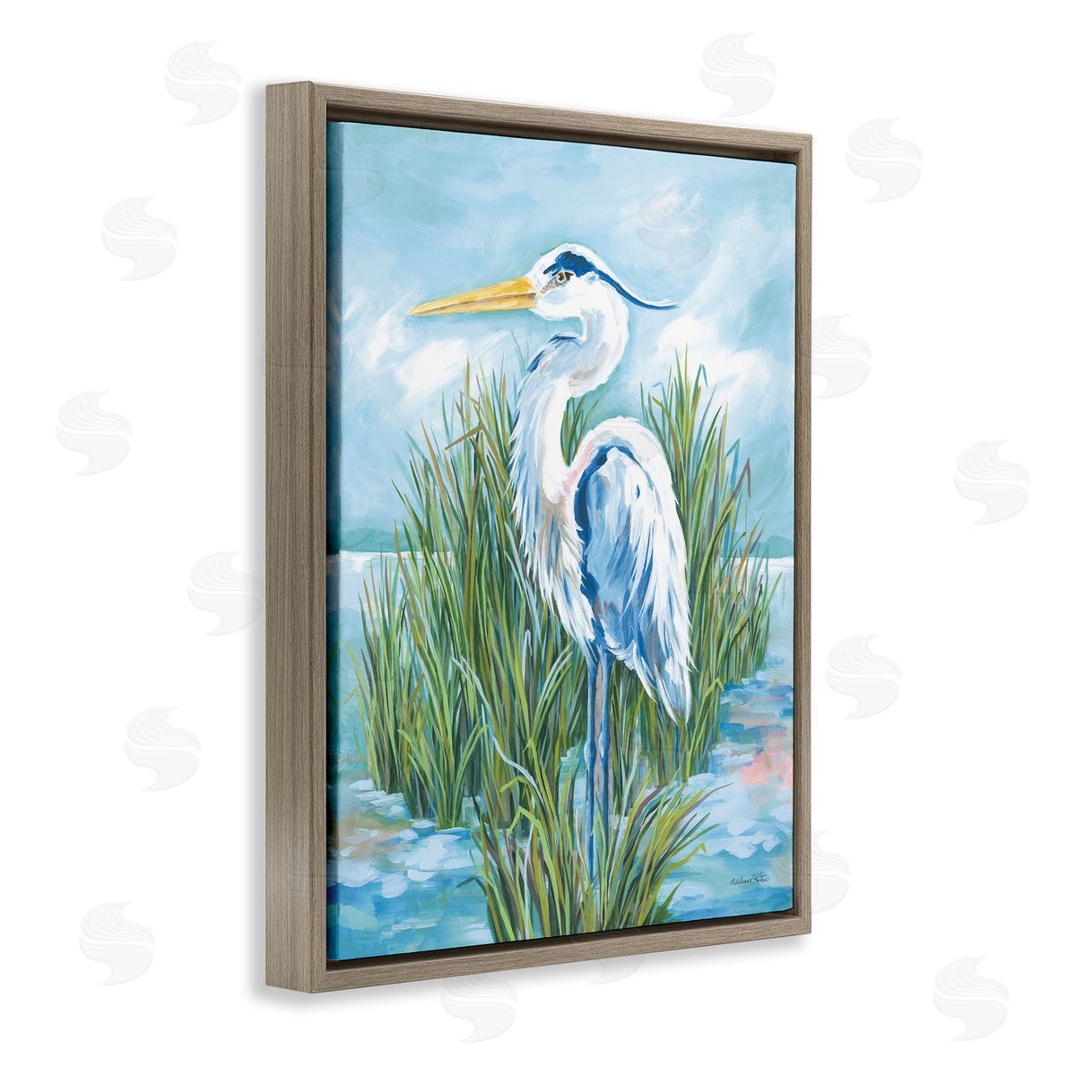 Coastal Heron Bird Brown Floating Frame Canvas Wall Art, Home Decor by Diane Kater
