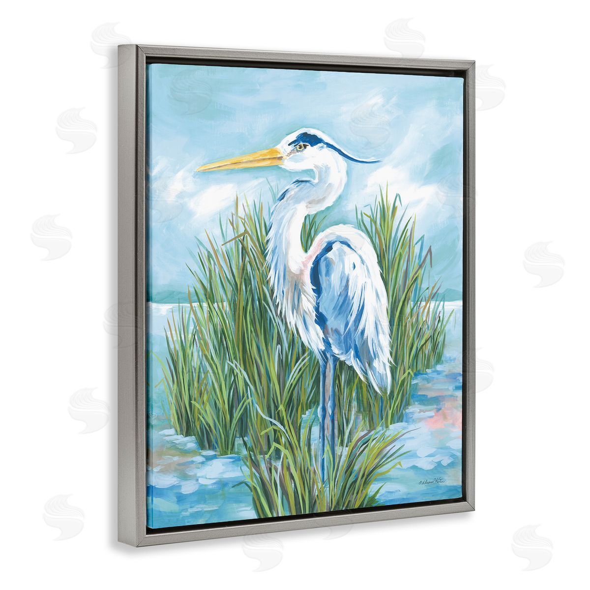 Coastal Heron Bird Grey Floating Frame Canvas Wall Art, Home Decor by Diane Kater