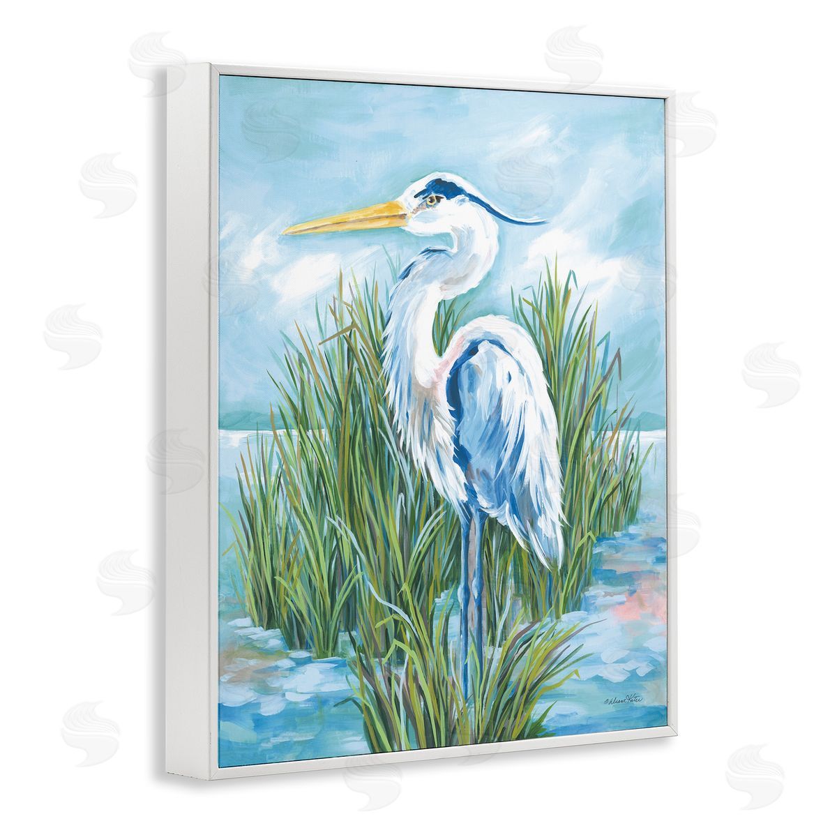 Coastal Heron Bird White Frame Print Wall Art, Home Decor by Diane Kater