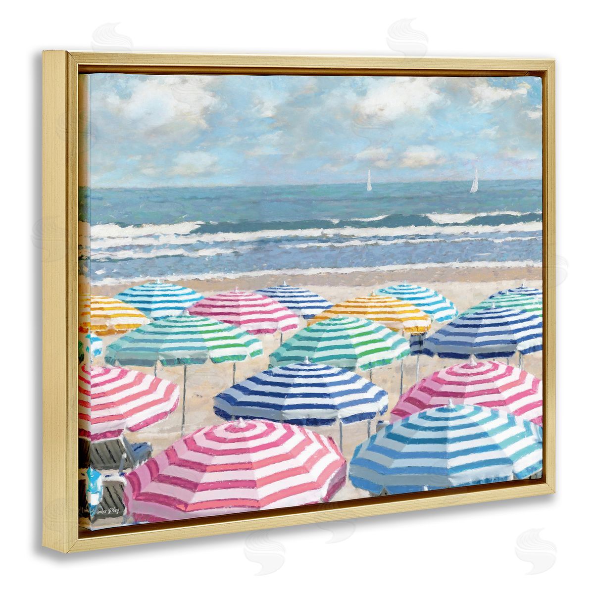 Shore with Bright Umbrellas Gold Floating Frame Canvas Wall Art, Home Decor by Amber Sterling