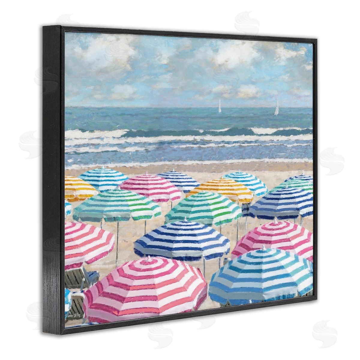 Shore with Bright Umbrellas Black Frame Print Wall Art, Home Decor by Amber Sterling