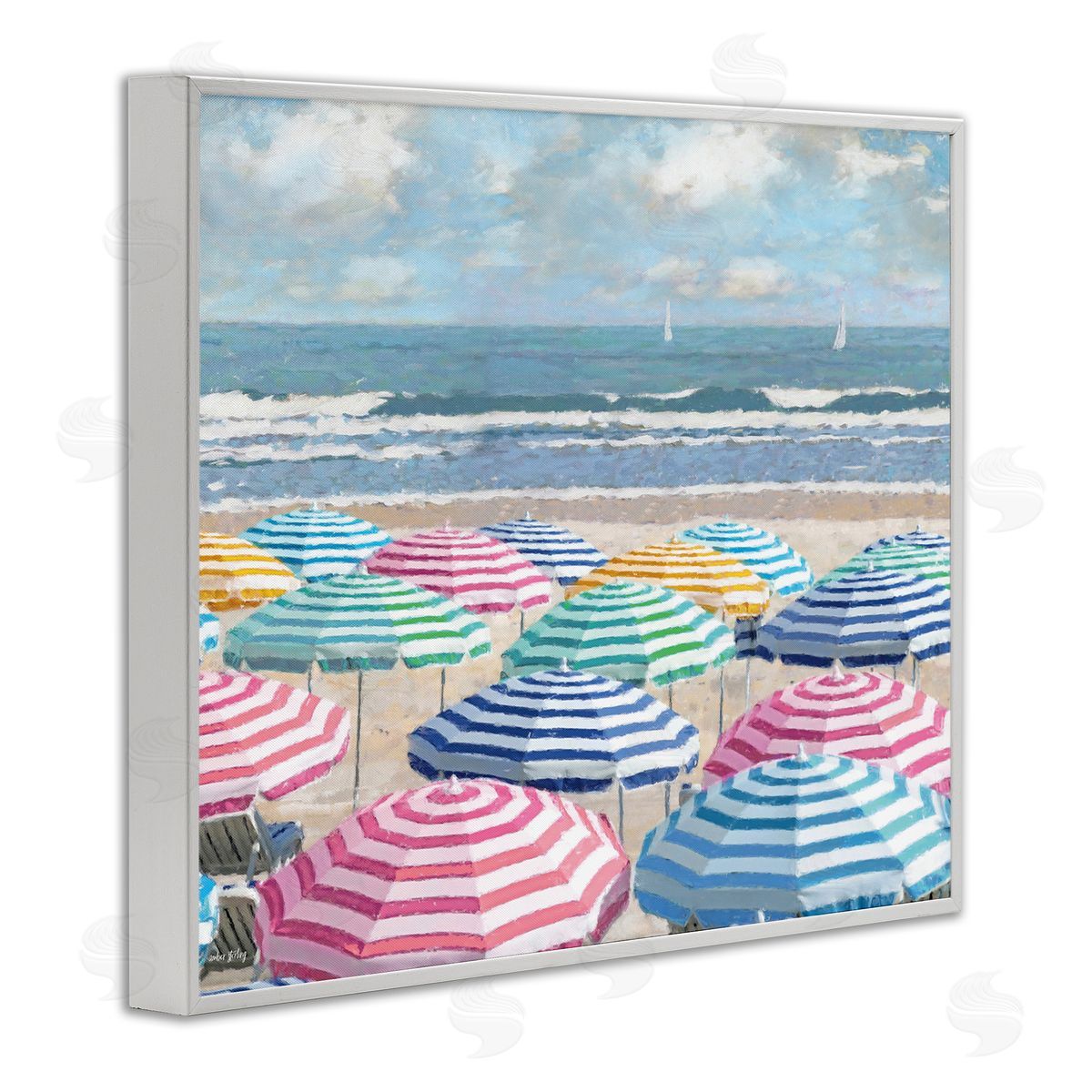 Shore with Bright Umbrellas White Frame Print Wall Art, Home Decor by Amber Sterling