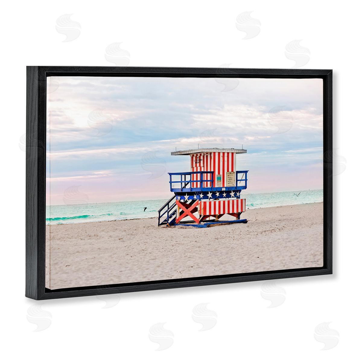 Patriotic Lifeguard Hut Black Floating Frame Canvas Wall Art, Home Decor by Seven Trees Design