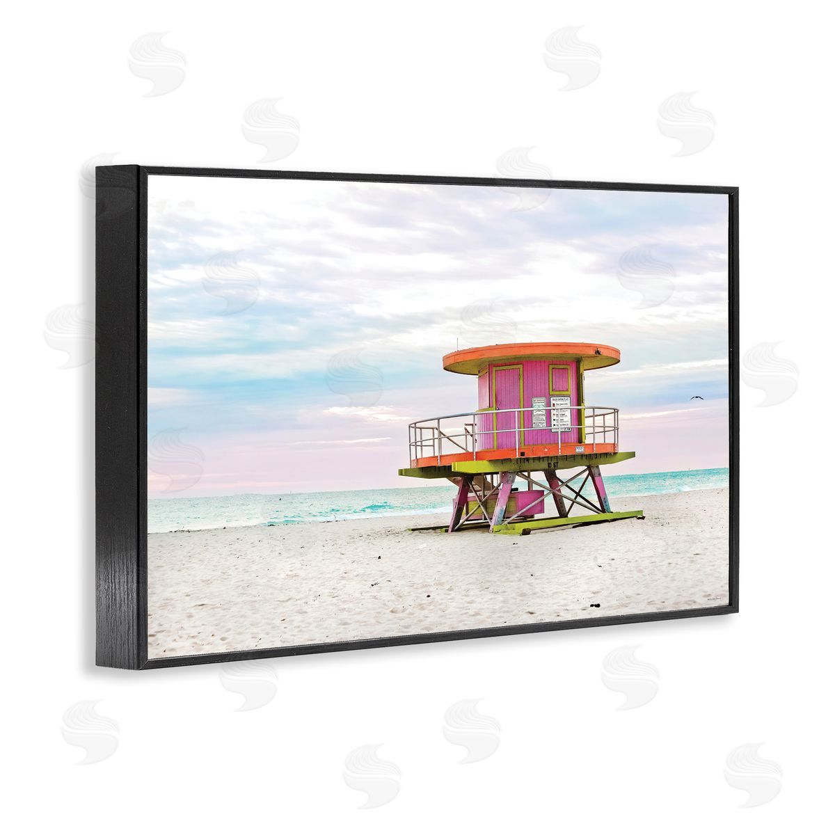 Lifeguard Hut with Pastel Sky Black Frame Print Wall Art, Home Decor by Seven Trees Design