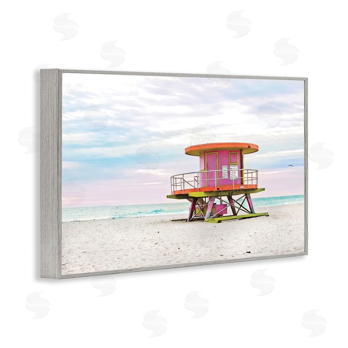 Lifeguard Hut with Pastel Sky Grey Frame Print Wall Art, Home Decor by Seven Trees Design