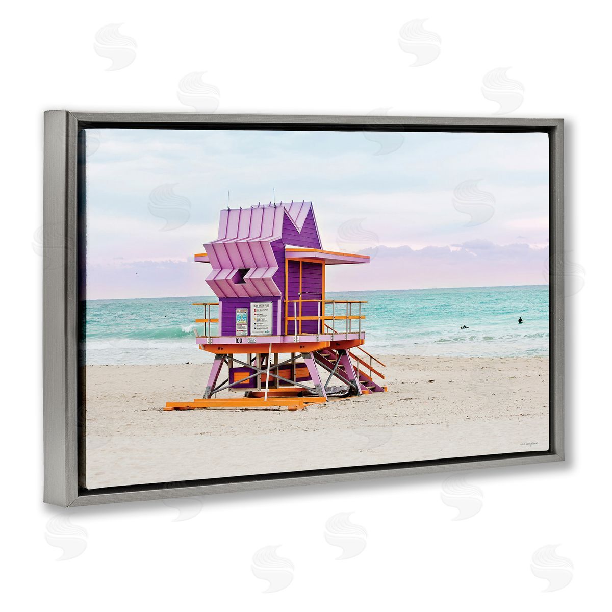 Purple Lifeguard Building Grey Floating Frame Canvas Wall Art, Home Decor by Seven Trees Design