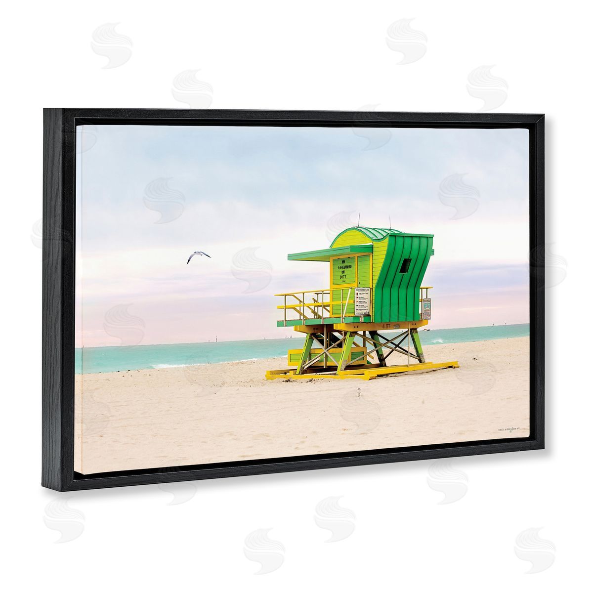 Lime Green Lifeguard Hut Black Floating Frame Canvas Wall Art, Home Decor by Seven Trees Design