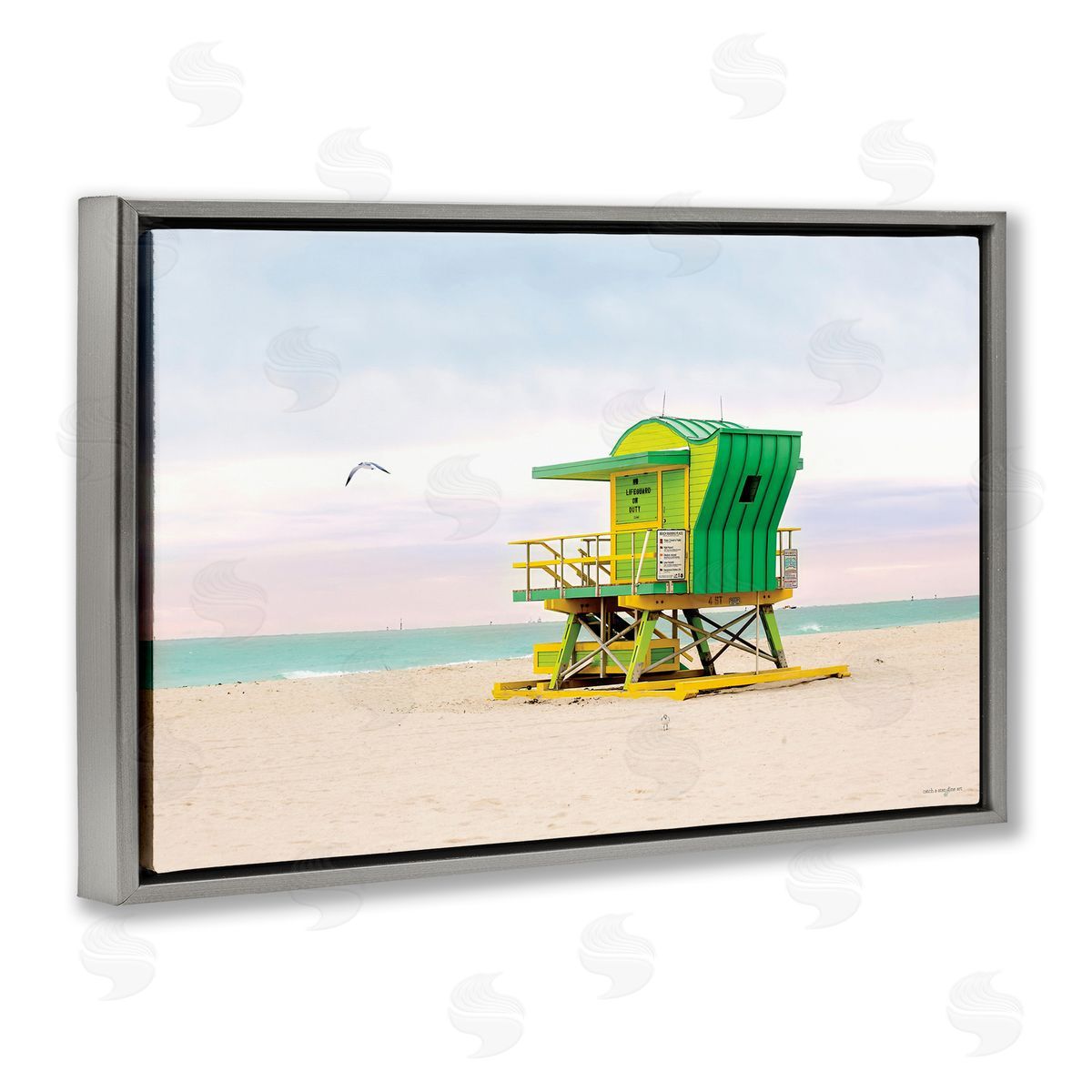 Lime Green Lifeguard Hut Grey Floating Frame Canvas Wall Art, Home Decor by Seven Trees Design