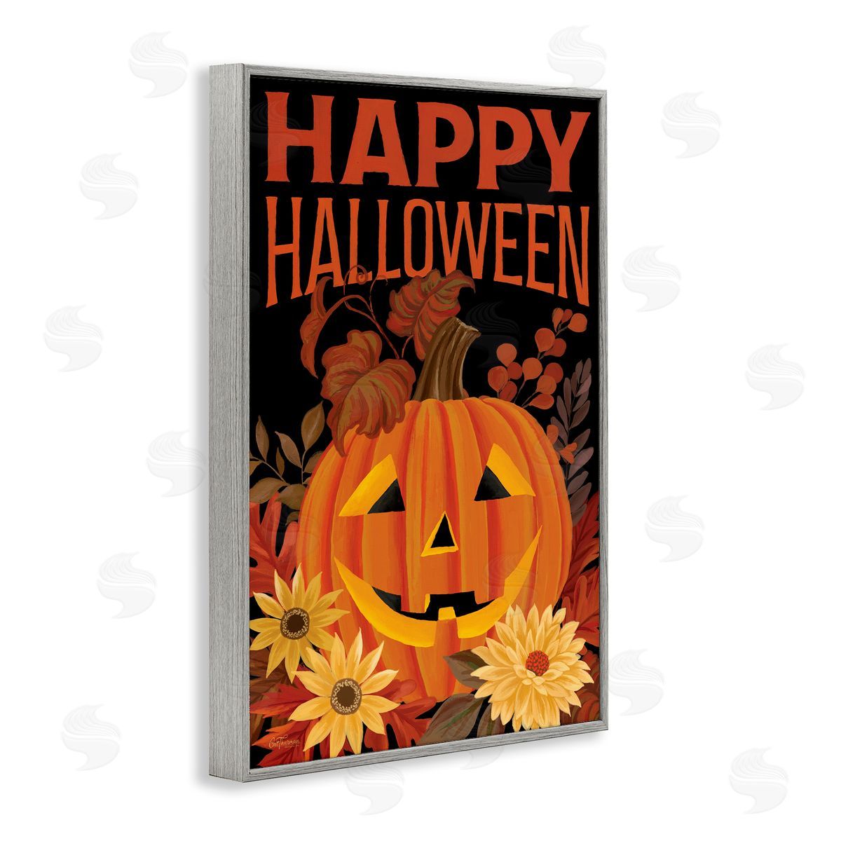 Happy Halloween Floral Pumpkin Grey Frame Print Wall Art, Home Decor by Cat Thurman Designs
