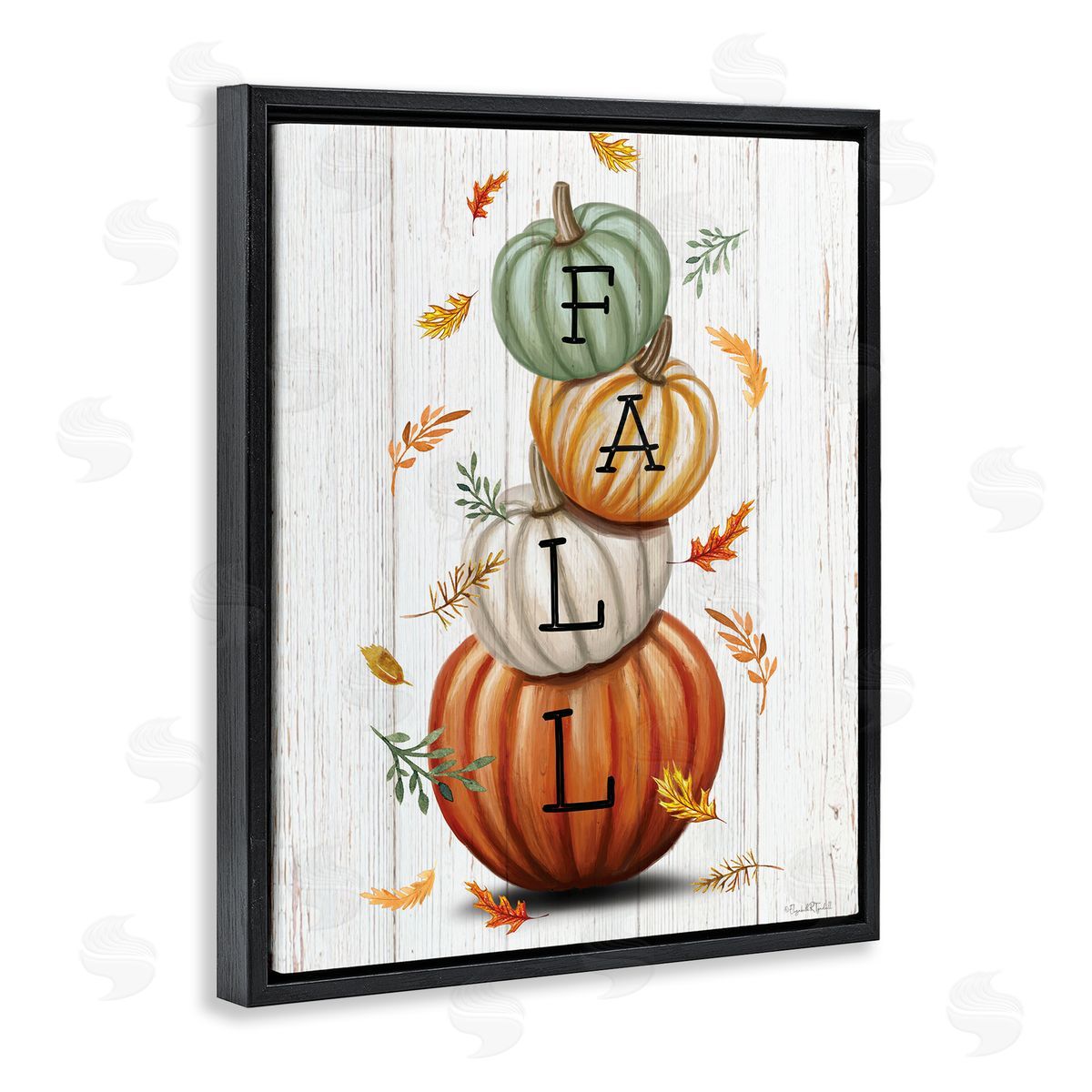 Falling Leaves & Pumpkin Stack Black Floating Frame Canvas Wall Art, Home Decor by Elizabeth Tyndall